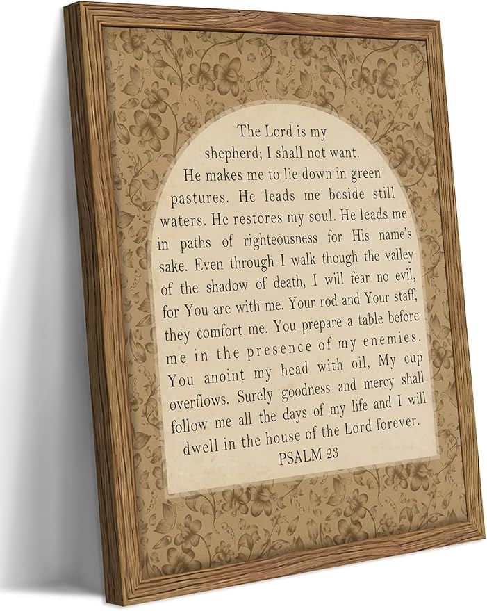 Framed Psalm 23 Wall Art, Christian Bible Verse Canvas Wall Decor, The Lord Is My Shepherd Inspirational Scripture Paintings, Vintage Floral Artwork Print Picture for Bedroom Home Office 16x24 Inch