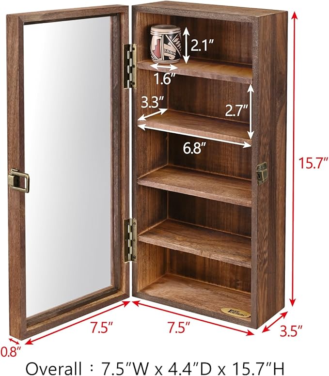 Ikee Design Wall Mounted Wooden Collectible Display Case 5 Shelf Display Storage Accessories with Tempered Glass Door, Sunglass Cabinet, Wall Shadow Box, Brown Color