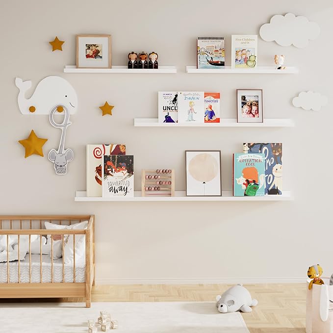 Fun Memories Floating Picture Ledge Shelves, Wall Mounted Wood Storage Shelf for Bedroom, Living Room, Bathroom, Kitchen, Nursery, Display Picture Ledge Shelf Set of 2-16 Inches, White