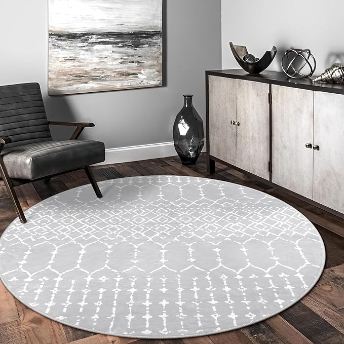 Lahome Moroccan 5Ft Round Rug Machine Washable Round Bedroom Carpet Grey Non-Slip Throw Circle Rugs for Living Room Low-Pile Large Round Rug, Modern Geometric Print Carpet for Office Dining Room Hana