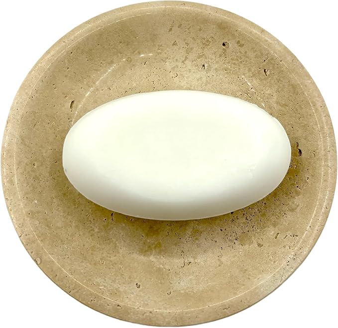 5.9" Round Travertine Ring Dish Jewelry Tray, Marble Trinket Dish Tray, Nightstand Decor, Coaster, Soap Dish, Sponge Holder for Bathroom, Beige