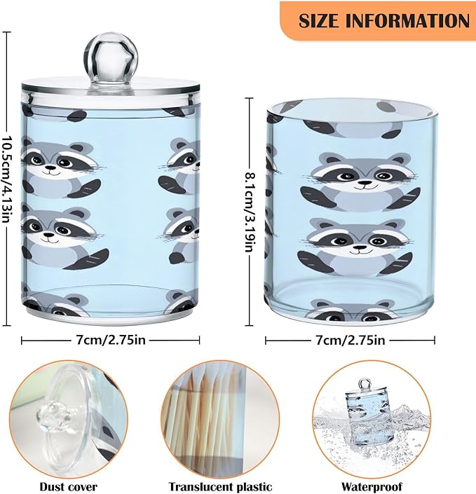 Nander 4Pack Cute Cartoon Raccoon Qtip Holder Dispenser -Clear Plastic Apothecary Jars Set - Restroom Bathroom Makeup Organizers Containers for Cotton Swab, Ball, Pads, Floss