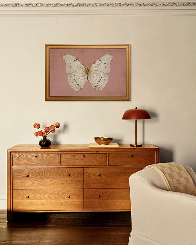 InSimSea Gold Framed Canvas Prints Wall Art, Vintage Bathroom Decor, Moody White Butterfly Paintings Farmhouse Large Wall Decor Aesthetic, Retro Pictures for Bedroom Living Room, 16x24inch