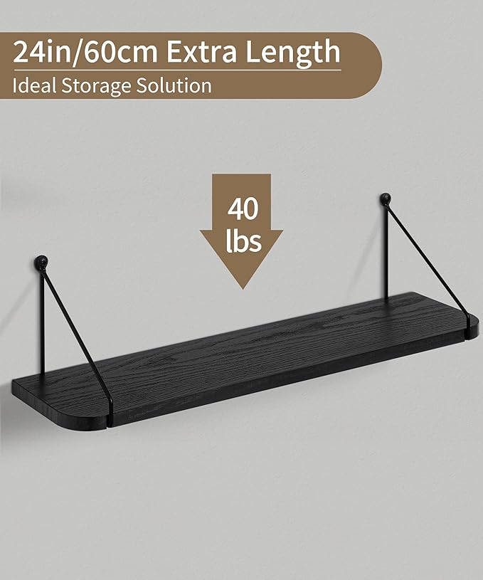 Afuly 24in Floating Shelves for Wall, Black Wooden Shelves with Triangular Brackets for Bathroom, Living Room, Bedroom, Kitchen, Home Wall Decor, Set of 2