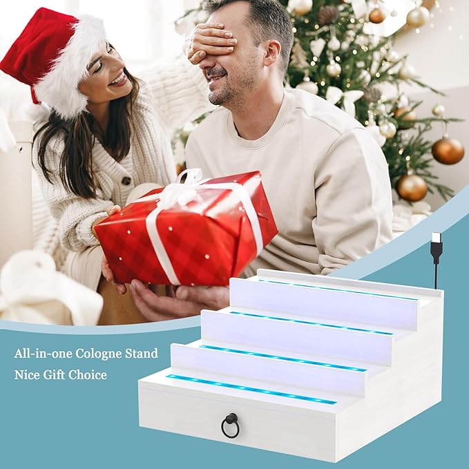 LED Lighted Cologne Organizer for Men, 4 Tier Wood Perfume Organizer with Velvet Lined Drawer, Multi Lighting Modes Perfume Display Holder with Remote Control, Cologne Shelf Stand, Nice Gift for Men