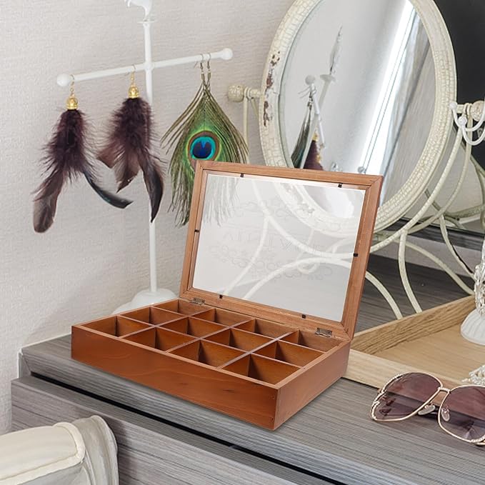 DOITOOL Box Coffee Storage Ring Compartments Holder Tea Bag Organizer Tea Bags Cadd y Trinket Chest Necklace Chest Makeup Case Organizer Storage Case Acrylic Coffee Bag Wooden