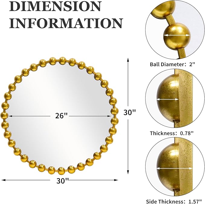 Round Gold Mirror 30'', Beaded Mirror for Wall Decor Large Circle Mirror for Bathroom, Dining Roon, Bed Room, Entryway