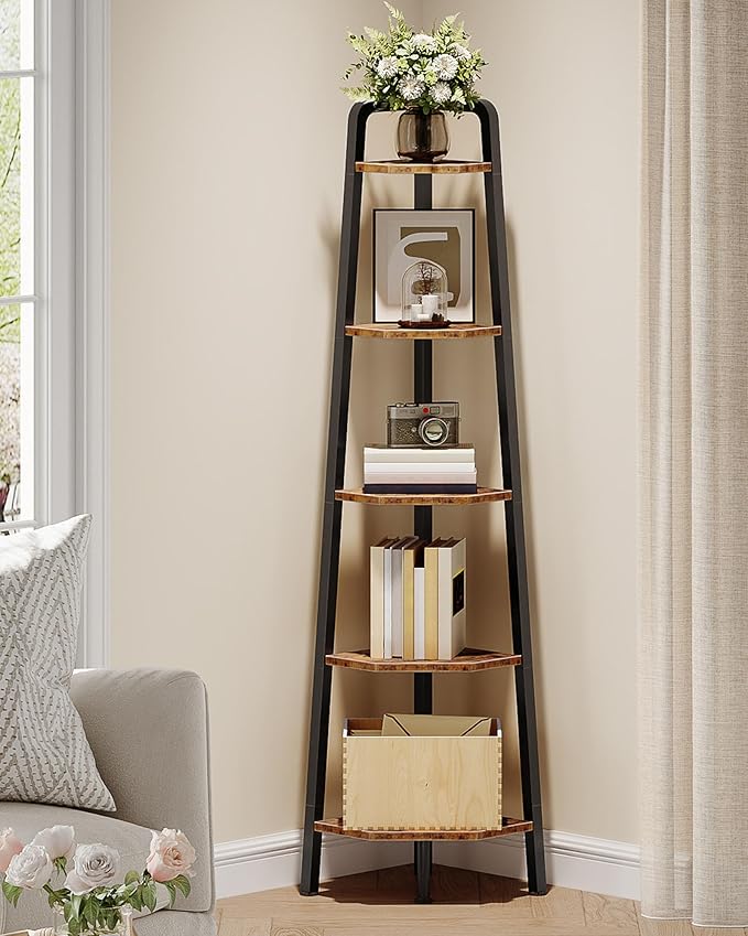 CHOEZON Corner Shelf, 5-Tier Ladder Corner Shelf, Ladder Bookshelf, 59.6" Tall Vertical Display Stand, Metal Frame Bookshelf, for Living Room, Bedroom, Kitchen, Rustic Brown and Black TCJ20BF