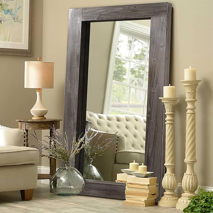 NeuType Floor Mirror Full Length, 71x32in Rustic Wood Frame Full Body Dressing Mirror, Wall-Mounted or Leaning Against Wall Standing Mirror, Farmhouse Decor for Bedroom Living Room, Charcoal Grilled
