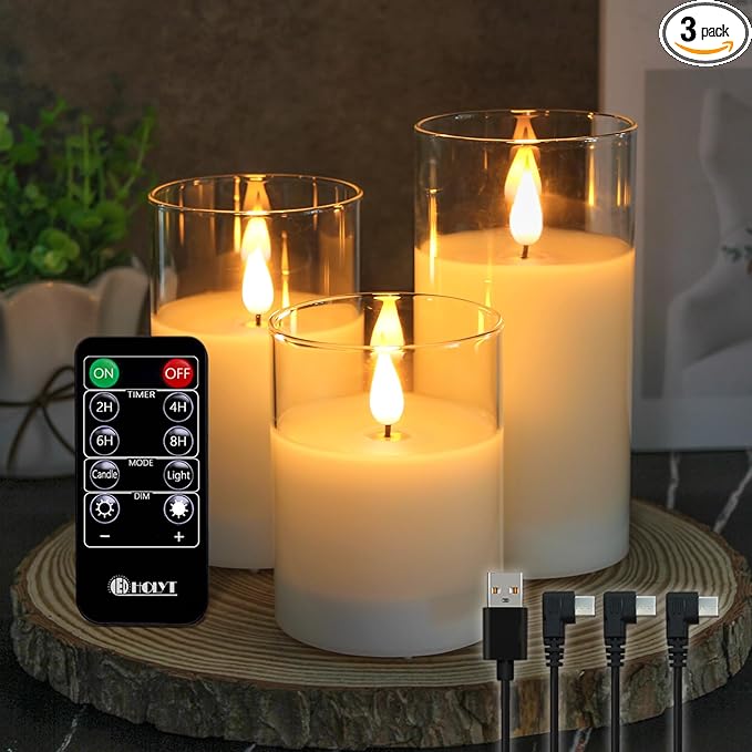 Rechargeable Flameless Glass Pillar Candles–Mothers Day Gifts,–Set of 3, Realistic Flickering LED Light,Remote & Timer, Ideal for Living Room, Bedroom & Birthday Gifts for Mom