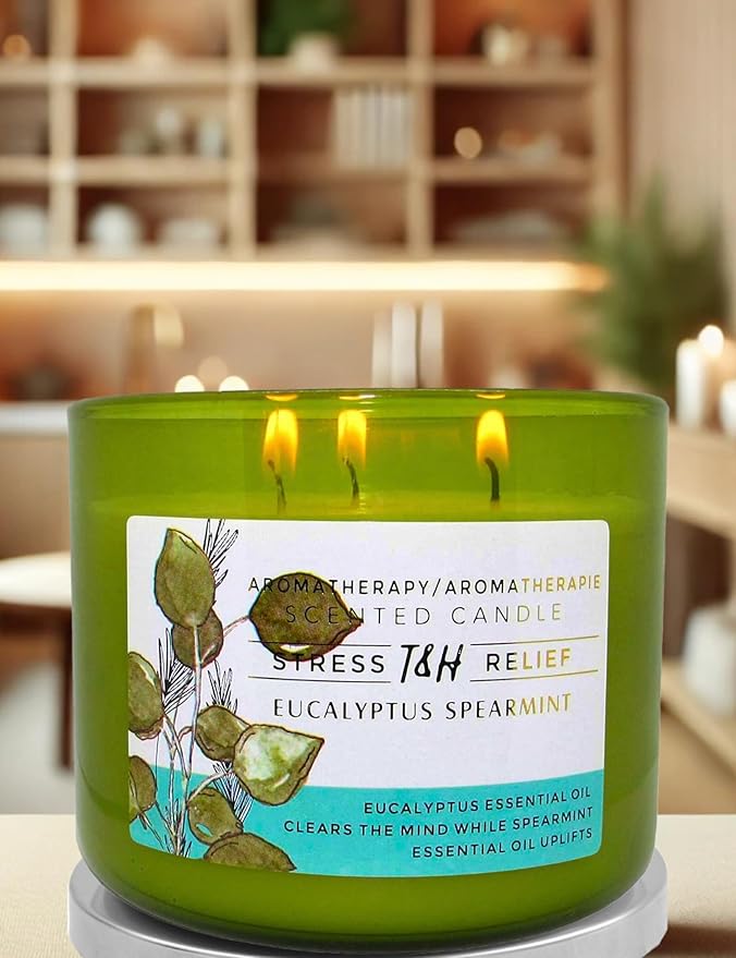 Eucalyptus Spearmint Scented Candle | 15.8 oz Large 3 Wick Soy Candle | Soothing Aromatherapy Candle for Home | Fresh Spa Scent | Long Lasting Clean Burn | Relaxation & Yoga Gift for Women & Men