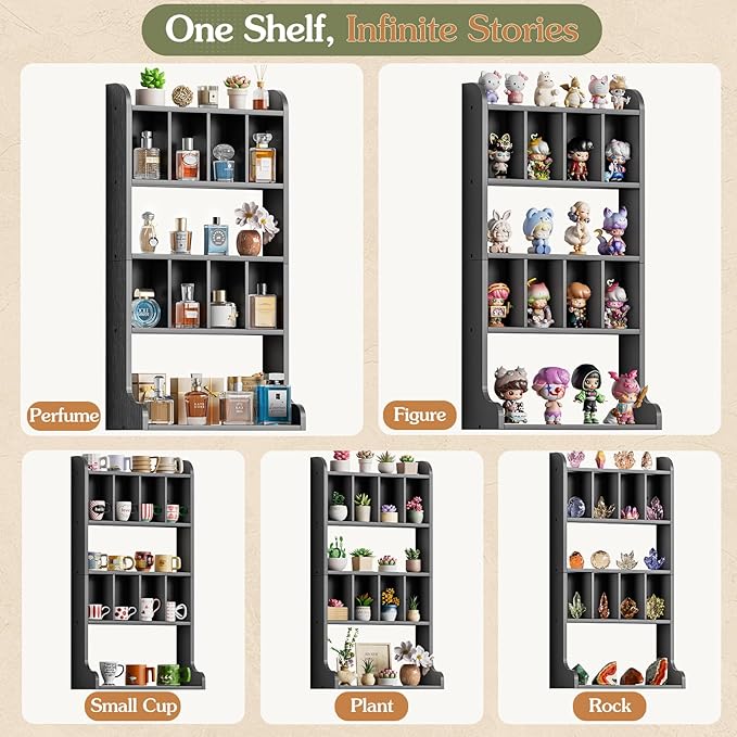Keebofly Perfume Organizer Wall Mount & Large Cologne Display Case - Wooden Multi-Tier Trinket Shelf for Fragrances, Collectibles, Figures, Miniatures, Cosmetics and Shot Glasses,Black