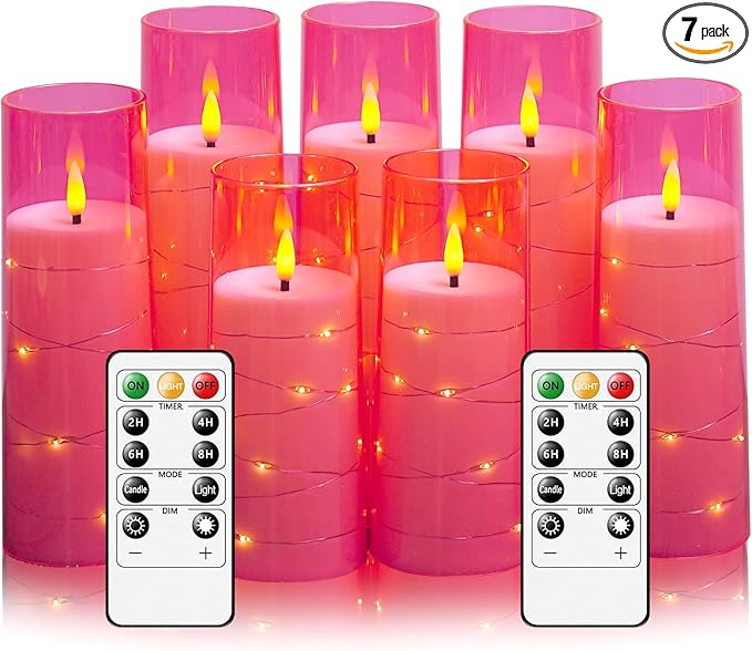 Eebuss Flameless Candles with Embedded Star String, Battery Operated LED Pillar Candles with Timer and Remote Control,Home Decorating for Ambiance， Set of 7 (Pink)
