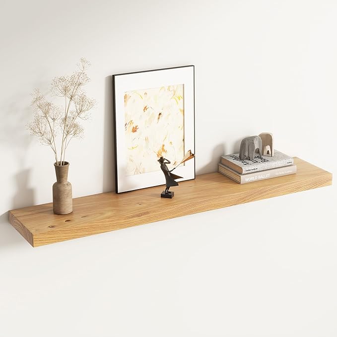 Venusmiles Elm Floating Shelves for Wall Decor, Rustic Solid Wood Shevles Wall Mounted with Invisible Bracket for Living Room Bathroom Bedroom Kitchen, 48 Inch Set of 1, Natural