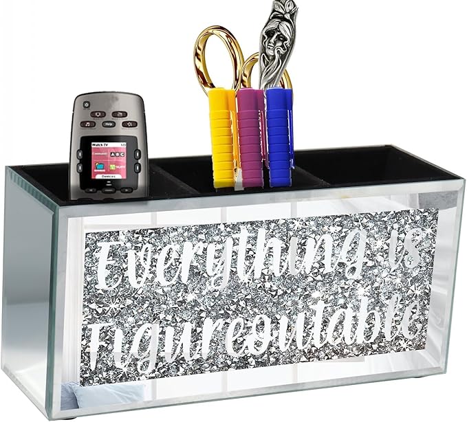 Silver Mirror Crystal Diamond Home Office Desk Box Sign Decor, Desktop Pen Organizer with 3 Compartment, Multi-Use Storage Box for Pencil, Remote, Makeup Brush-9.1×4.3×3.1Inches