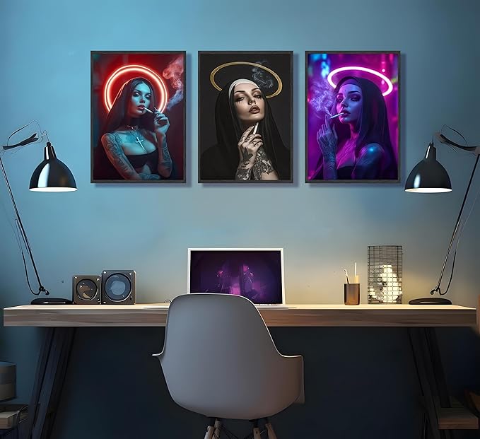 FJKLRP 3pcs Fashion Neon Nun Wall Art Cyberpunk Tattooed Feminine Canvas Print Dark neon Aesthetic Wall Decor for Bedroom Living Room Dorm Apartment Home Decor Unframed