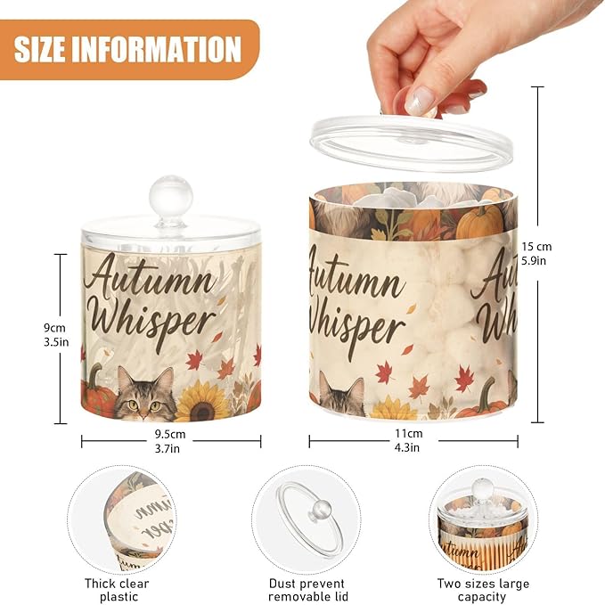 Hello Fall Autumn Cat Pumpkin Sunflower Clear Plastic Makeup Organizer Storage with lid Dresser Essentials Decorative small storage bins for Cotton Swabs,Cotton Pads,Floss Picks,Paper