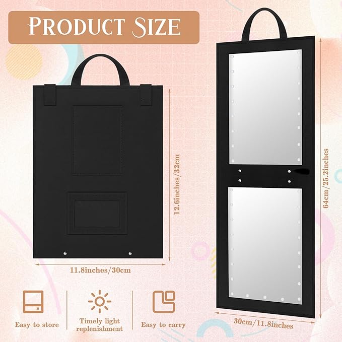 1 Pack Foldable Full Length Travel Mirror with Full Light 25.2x11.8 Inch Foldable Hanging Backstage Mirror LED Double Side Lights for Travel Camping Dance Competition Home Fitness Gift(Black)