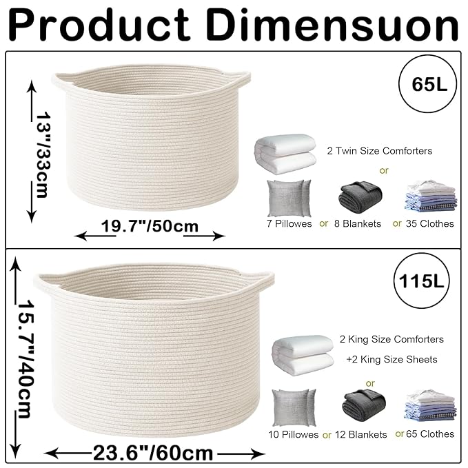 65L Large Blanket Basket,Woven Rope Laundry Basket Hamper with Handles,Decorative Nursery Basket Storage Bin for Toys, Pillows , Clothes Organizer, Living Room, Bedroom, Bathroom, White