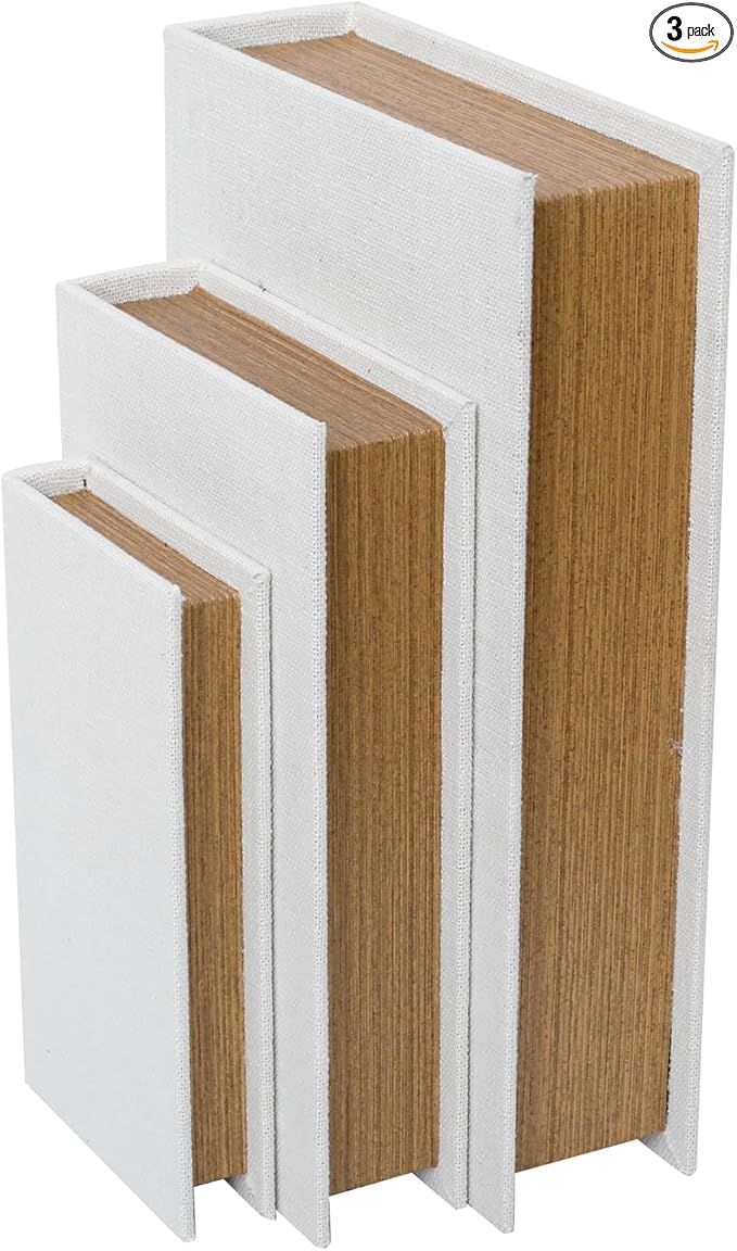 DECOR4SEASON Decorative Book Boxes Set of 3 – Modern Faux Linen & Wood Hidden Storage for Coffee Table – Stackable Fake Books for Shelf Decor, Remote Control & Jewelry Organizer (Off White)