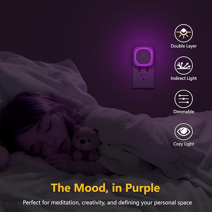YUNLEX 2 Pack Plug in Night Light with Motion Sensor & Dusk to Dawn Sensor, 3 Sensor Modes, Purple Night Lights Plug into Wall, Dimmable Calming Glow for Meditation, Relaxation, Bathroom, Bedroom