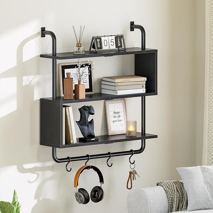 HOOBRO Floating Shelves with LED Lights, 29.5" LED Wall Mounted Gaming Shelf, 3-Tier Pipe Display Rack with Hanging Rod and 4 S-Hooks, for Storage Livingroom, Bedroom, Kitchen, Black BB21DBJ01
