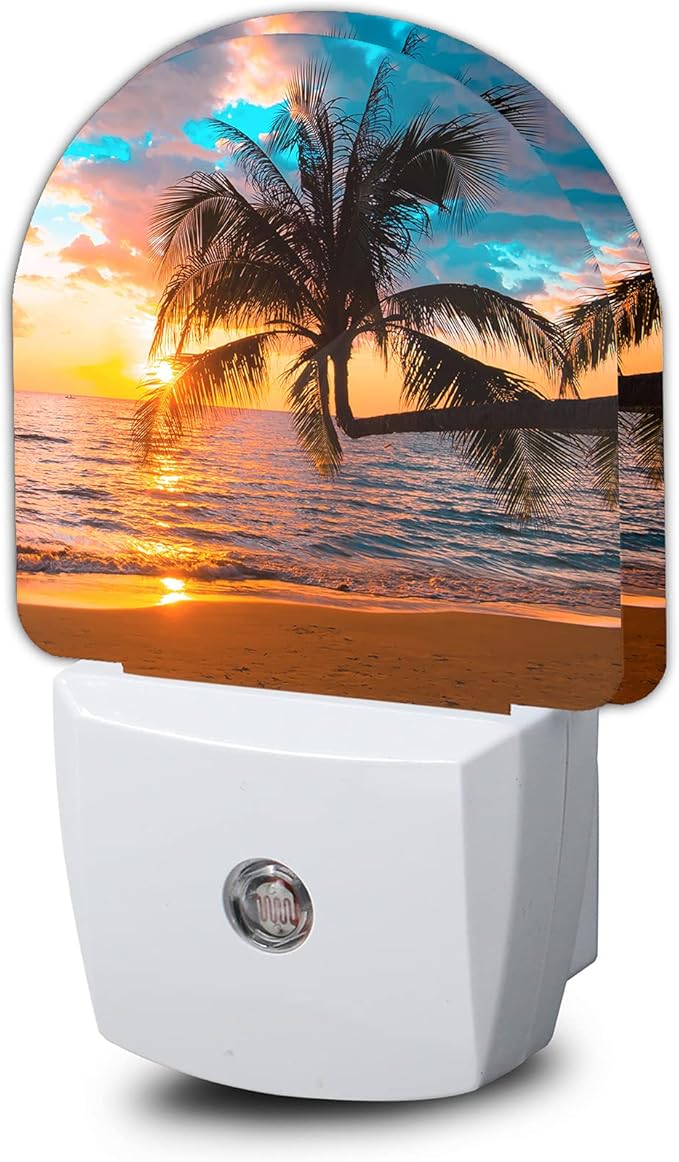 Sunset Night Light,Tropical Palm Trees Sea Beach Night Lights Plug into Wall, Dusk to Dawn Sensor LED Lamp 0.5W for Boys/Girls/Women/Men Decorations Room 0.5W Sleep Friendly