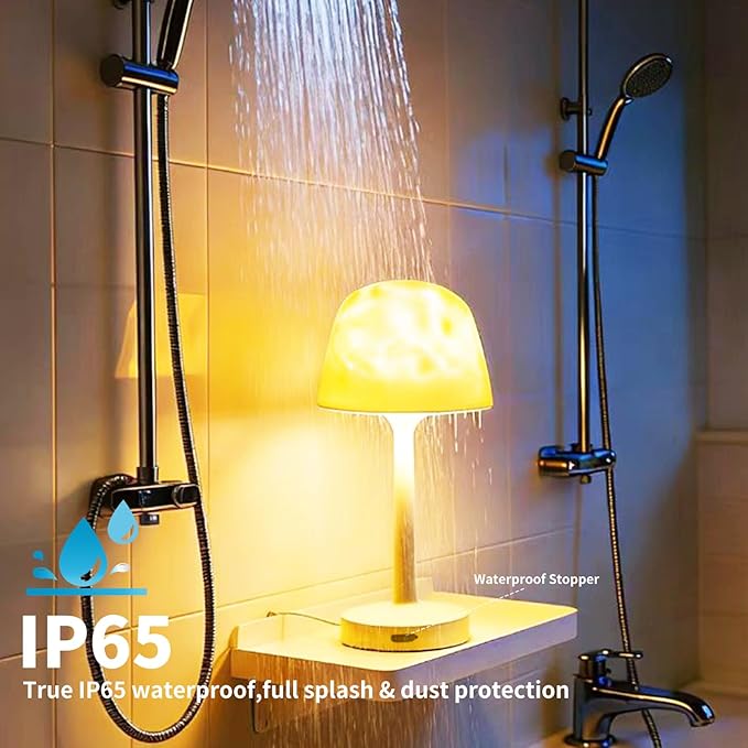 Rechargeable Waterproof Spa-Like Shower Lamp with 16 RGB Colors & Ocean Wave Projector, Dimmable Cordless Light with Touch & Remote Control, 2‑in‑1 Bathroom Lamp for Shower, Bathtub, Indoor & Outdoor