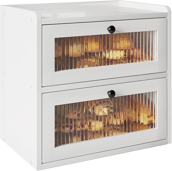 Alpeir Double Layer Large Bread Box for Kitchen Counter, Wooden Corner Bread Storage Container with Acrylic Window, White