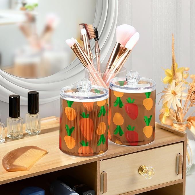 Nander 4Pack Carrot Qtip Holder Dispenser -Clear Plastic Apothecary Jars Set - Restroom Bathroom Makeup Organizers Containers for Cotton Swab, Ball, Pads, Floss