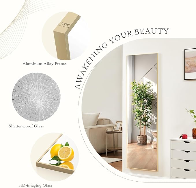 Mirror Full Length, Upgraded Body Wall Mirrors with Shatter-Proof Glass, Floor Standing, Hanging or Leaning, Tall Mirror with Stand Aluminum Alloy Frame for Bedroom