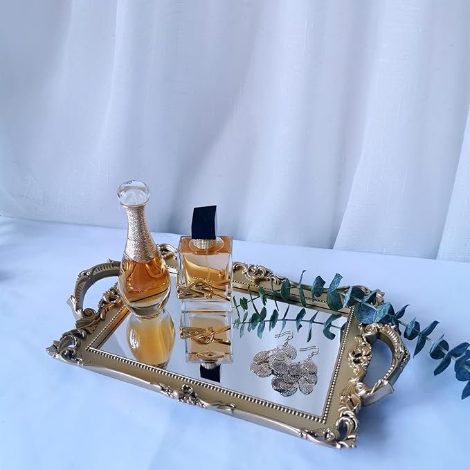 Small Rectangle Decorative Mirror Tray, French Style, Makeup Organizer, Jewelry Organizer, Serving Tray, 13"x 7.8", Gold