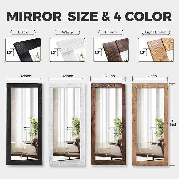 Full Length Mirror 71"x32" – Solid Wood Frame, HD Tempered Glass, Wall Mounted & Leaning, Rustic Modern Decor for Bedroom, Living Room, Entryway, White