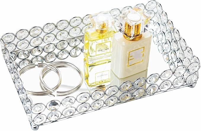 Feyarl Crystal Perfume Tray Cosmetic Makeup Vanity Tray Jewelry Trinket Rings Earrings Organizer Decorative Tray Storage for Home Deco Wedding Dresser Coffee Tabletop Girl Women Gift(10" x 6 "Silver)
