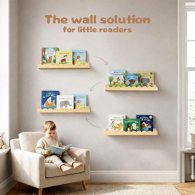 Nursery Floating Shelves for Kids Room, 4 Pack 15.7 Inch Natural Wood Wall Shelves with Scalloped Edge, Kids Bookshelves for Toddler Bedroom, Playroom, Baby Nursery Decor