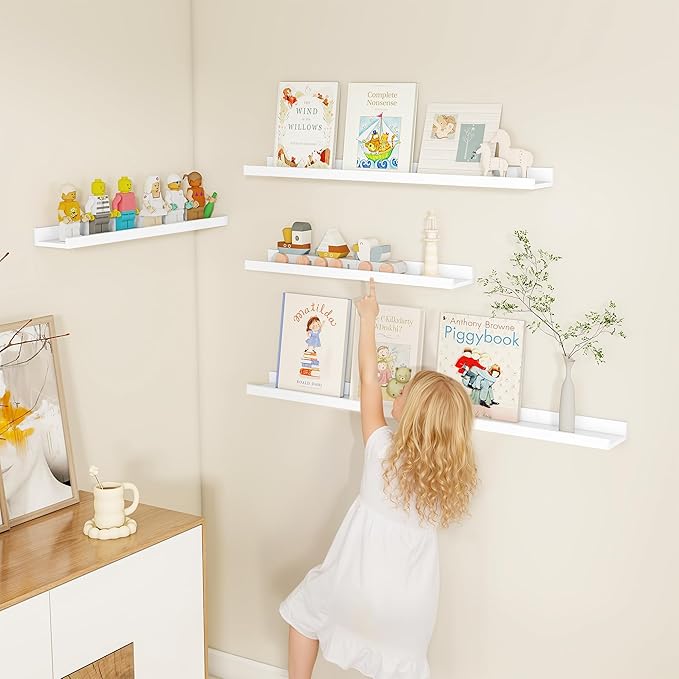 Fun Memories Picture Ledge Shelf, White Floating Shelves Set of 4, 40 Inch Picture Shelves for Wall with Ledge, Large Nursery Book Shelf for Toys Storage, Living Room, Bedroom Decor Frames