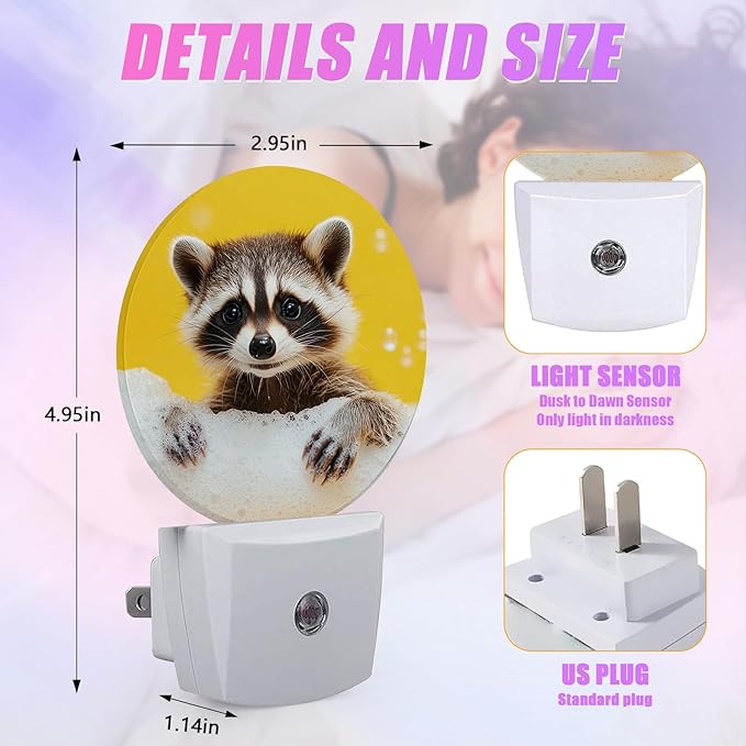 Cute Raccoon Night Light Animal Night Lights LED Lamp Round Plug into Wall Nightlight with Dusk to Dawn Sensor Home Hallway Stairway Kitchen Decor