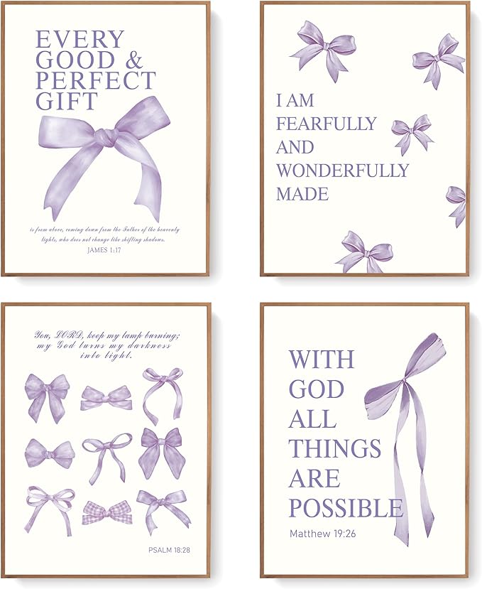 LARTSFRO Coquette Purple Bow Wall Art Decor Posters, Purple Bow Room Bedroom Bathroom Dorm Wall Art Decor Aesthetic for Teen Girls Gifts, Inspirational Bible Verses Bow Wall Decor, 10x8 Inch Set of 4 Pcs Bow Pictures (UNFRAMED)