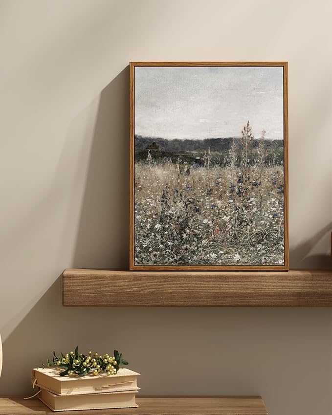 InSimSea Framed Canvas Prints Art Vintage Decor, Wildflower Field Meadow with Flowers Painting, Rustic Landscape Wall Art for Living Room Bedroom Home Bathroom Wall Decor, 12x16inch
