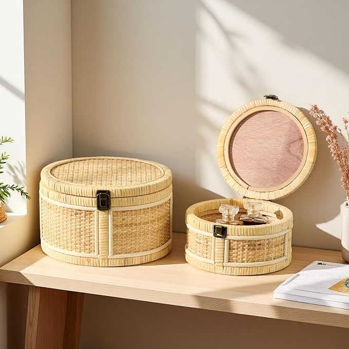 2PCS Rattan Storage Boxes with Lids Wooden Frame Decorative Natural Rattan Round Baskets Set Handmade Woven Wicker Keepsake Memory Jewelry Box Bin Boho Cane Desktop Organizer Container