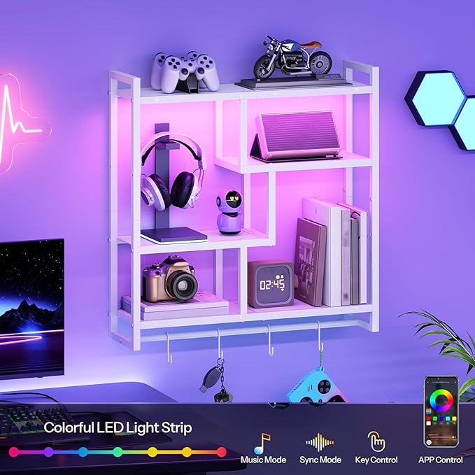 HOOBRO Gaming Floating Shelves with LED Lights, 28.7" LED Wall Mounted Shelf, 4-Tier Floating Wall Shelf for Storage, Display Rack with Hanging Bar and 4 S Hooks, for Gaming Room, White WT37DBJ01