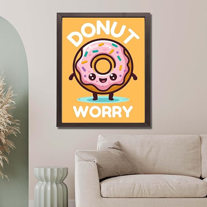 InkFlow Posters Donut Worry Poster - Smiling Donut Illustration - Playful Kawaii Food Art - Kids Bedroom Playroom Decor - Cheerful Wall Print - 8x10 Unframed Canvas Print