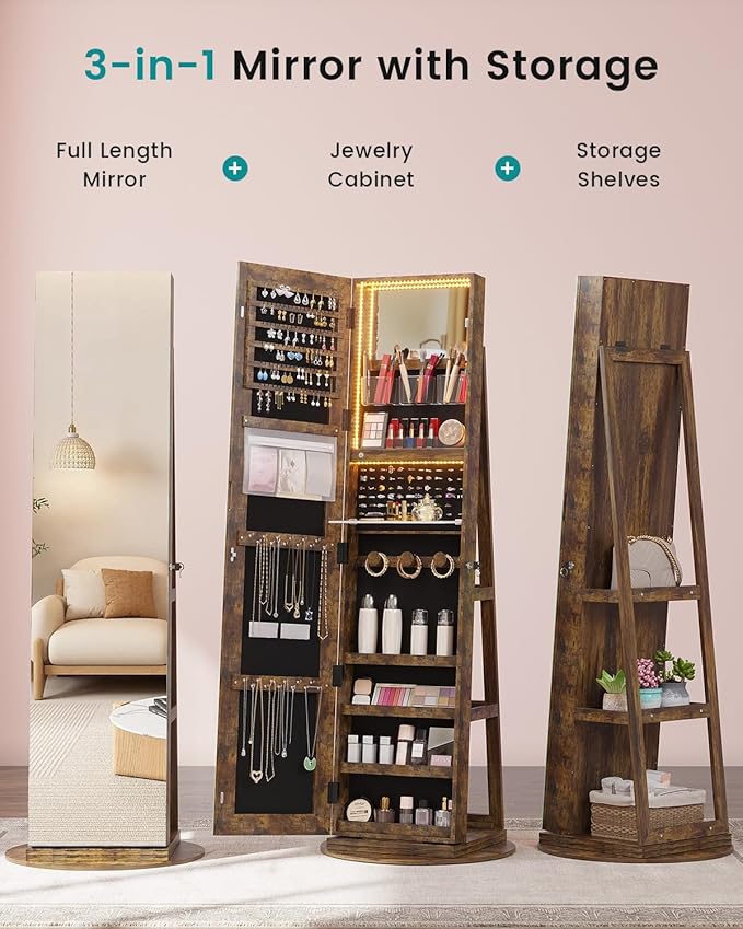 Vlsrka Full Length Mirror with Storage, 63" Rotating Jewelry Cabinet Standing, Lockable Jewelry Armoire with LED Lights, Foldable Makeup Shelf, Jewelry Organizer for Bedroom Small Space, Rustic Brown