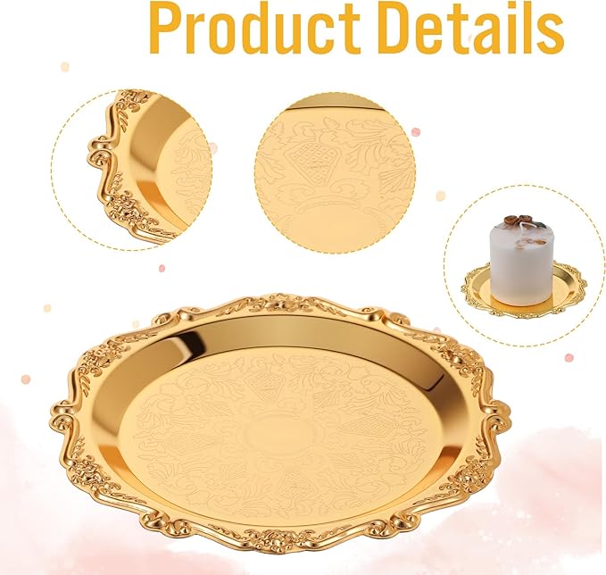 2 PCS Gold Pillar Candle Holder Decor, 5.9 Inch Round Metal Carved Candle Tray, Pillar Candles Plates Stand Decorative for Scented Ball Flameless Candles LED Coffee Table Wedding Party Home