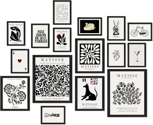 ANERZA 16 PCS Framed Black and White Wall Art Decor, Matisse Abstract Wall Prints for Bedroom, Gallery Wall Frame Set, Minimalist Posters for Living Room Aesthetic, Collage Kit, Dorm Home Artwork