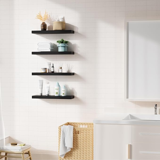 Bellsal Floating Shelves for Wall, Black Engineered Wood Wall Shelf Set of 4, 16" Walls Mounted Floating Shelf for Kitchen, Living Room, Bedroom, Bathroom Storage, Book Shelf for Home Decor