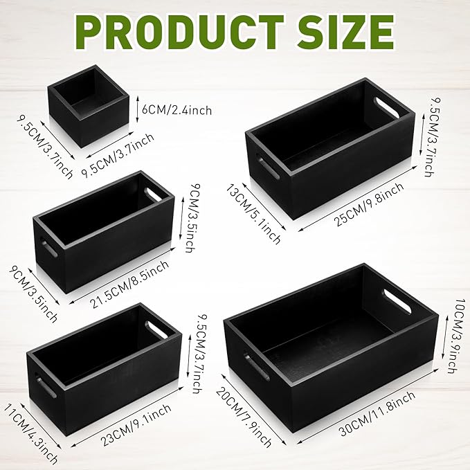 Set of 6 Wood Storage Boxes with Handles Wooden Nesting Crates Rustic Farmhouse Storage Container for DIY Crafts Party Home Table Decoration Display(Black)