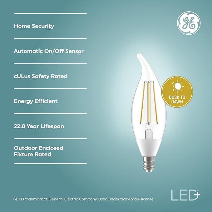 GE LED+ Dusk to Dawn LED Light Bulbs, Automatic On/Off Outdoor Security Lights, Soft White, E12 Candelabra Base (8 Pack)
