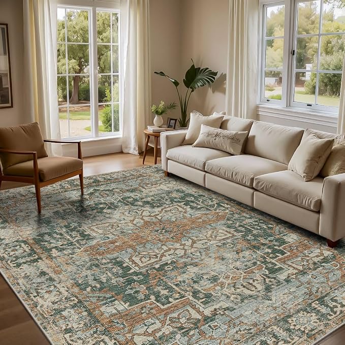 Rugxara 5x7 Area Rugs for Living Room Bedroom, Washable Rug, Green Vintage Retro Boho Rug, Non Slip & Low Pile Faux Wool Thin Carpet for Indoor Dining Room and Kids Room(Green/Brown 5x7ft)
