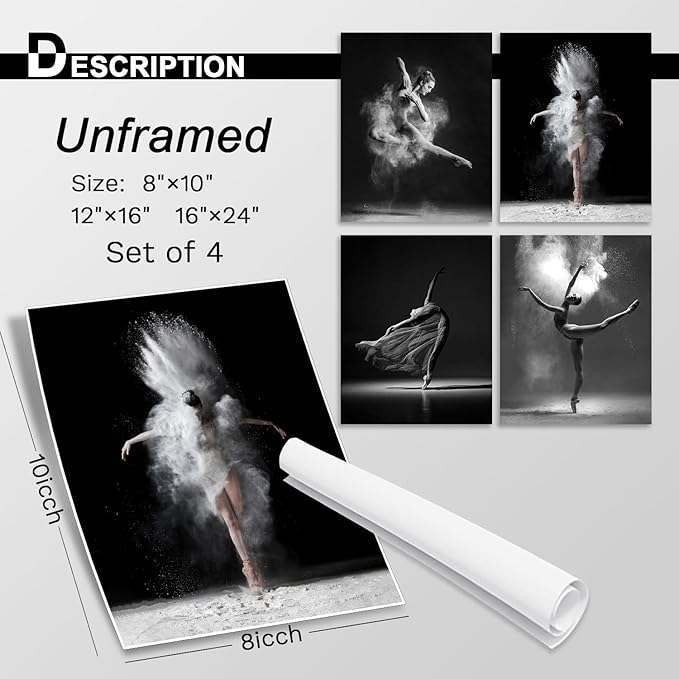 NCYEL 4Pcs Black and White Ballet Wall Art Girl Dancing Canvas Prints Elegant Dance Wall Decor Poster Modern Gallery Style Prints Living Room Bedroom Pictures 8x10 Inch Unframed